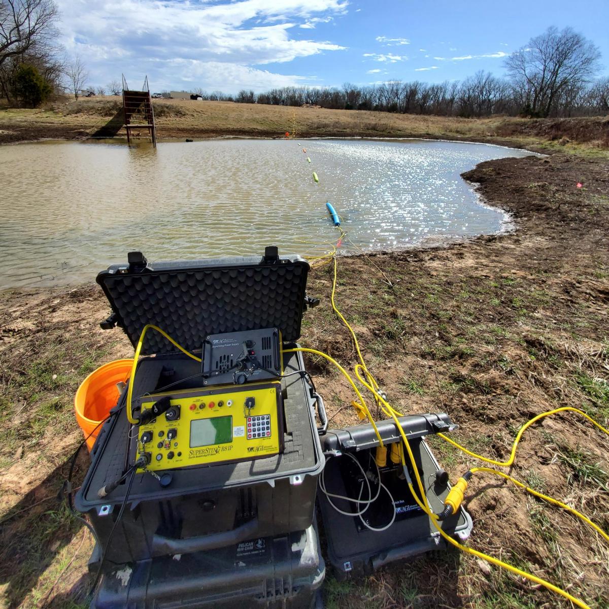 An electrical resistivity survey example with the supersting system. The survey line goes across water and then on land