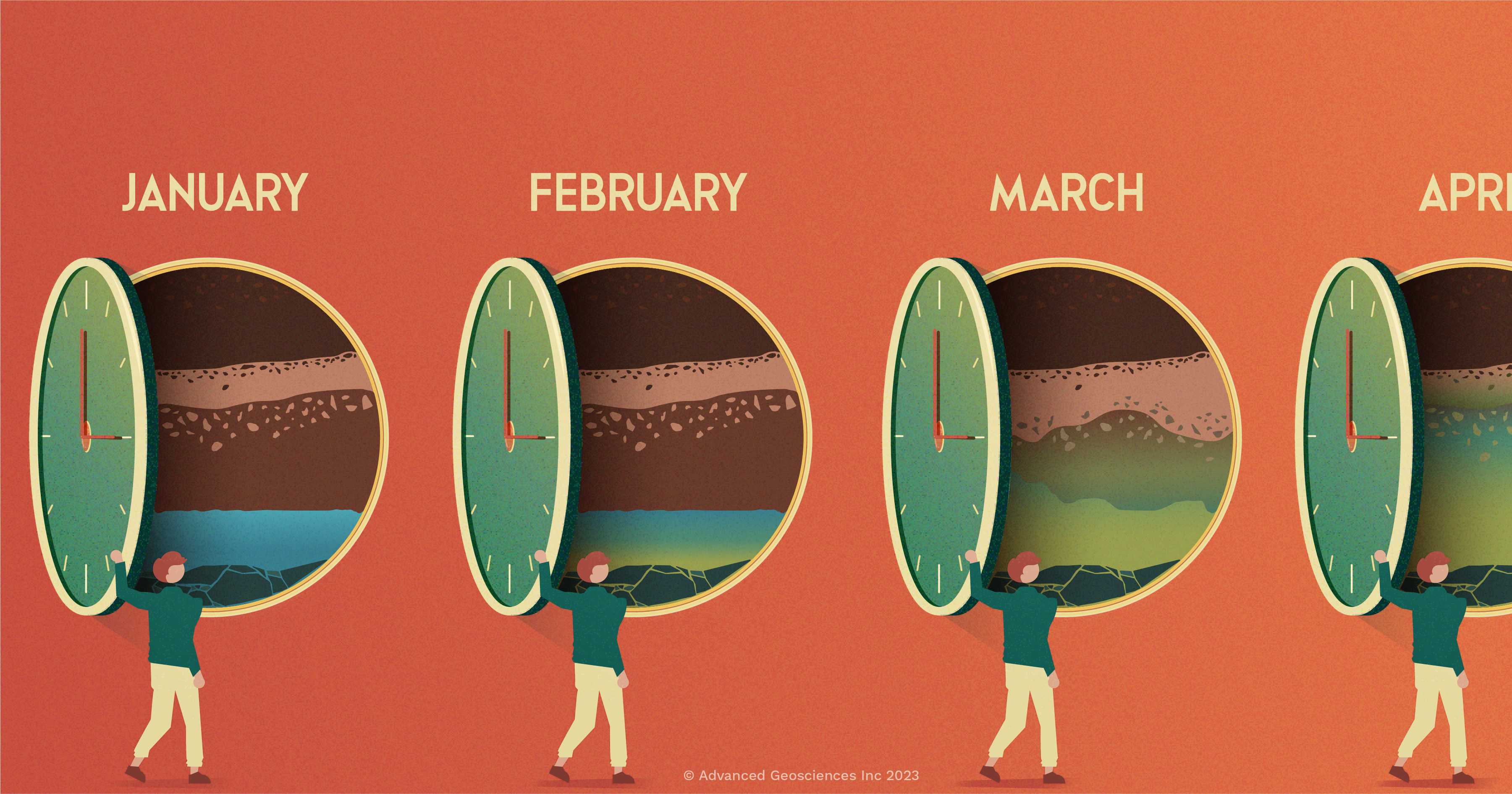 Illustration - Man opening clock several times to see the subsurface polution