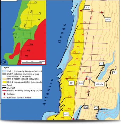 Geoelectrical zones are mapped on section (b)