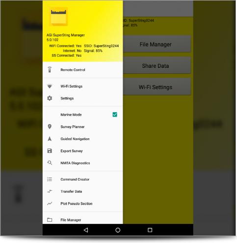 The SuperSting Manager App Main Navigation Menu on Android Tablet