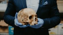 A person holding a skull